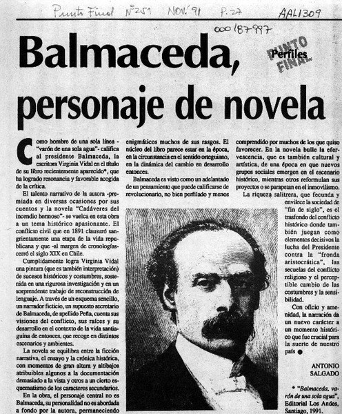 Balmaceda, personaje de novela  [artículo]Antonio Salgado.