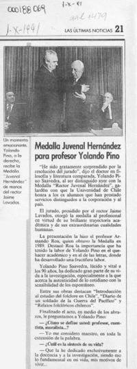 Medalla Juvenal Hernández para profesor Yolando Pino  [artículo].