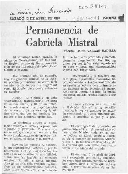 Permanencia de Gabriela Mistral  [artículo] José Vargas Badilla.