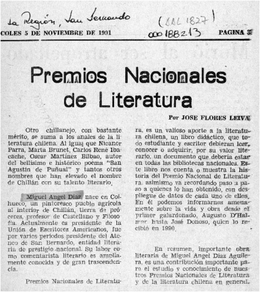 Premios Nacionales de Literatura  [artículo] José Flores Leiva.
