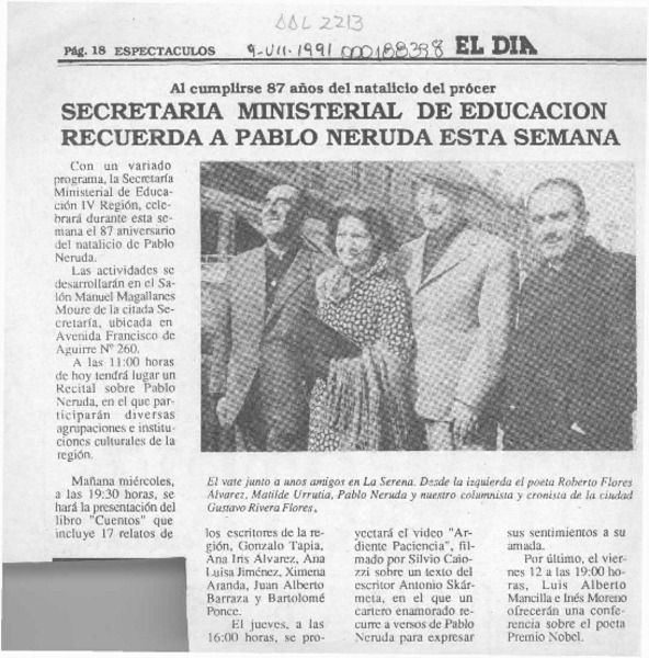 Secretaría Ministerial de Educación recuerda a Pablo Neruda esta semana  [artículo].