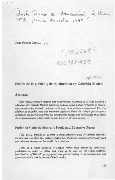 Fusión de lo poético y de lo educativo en Gabriela Mistral  [artículo] Julio Piñones Lizama.
