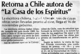 Retorna a Chile autora de "La casa de los espíritus"
