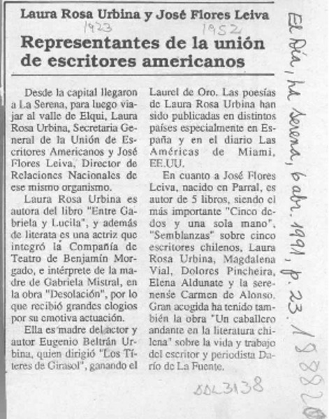 Laura Rosa Urbina y José Flores Leiva representantes de la Unión de Escritores Americanos  [artículo].