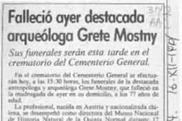 Falleció ayer destacada arqueóloga Grete Mostny  [artículo].