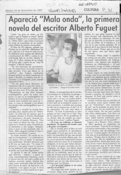 Apareció "Mala onda", la primera novela del escritor Alberto Fuguet  [artículo].