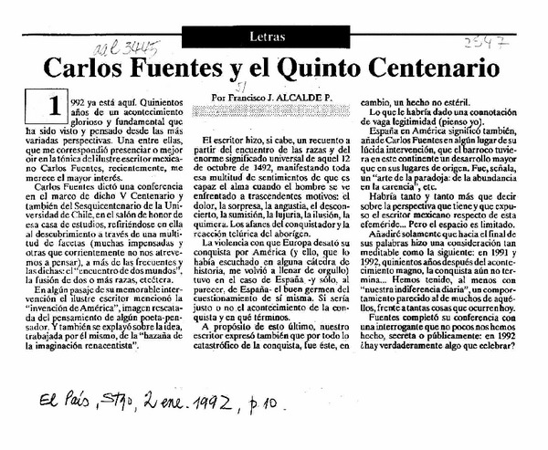 Carlos Fuentes y el Quinto Centenario  [artículo] Francisco J. Alcalde P.