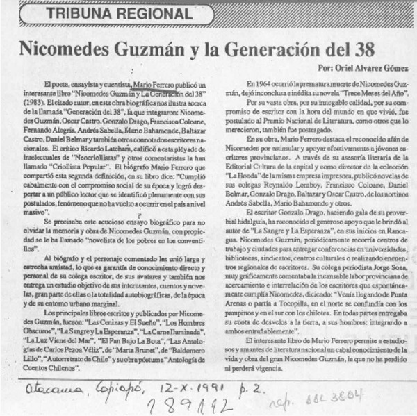 Nicomedes Guzmán y la generación del 38  [artículo] Oriel Alvarez Gómez.