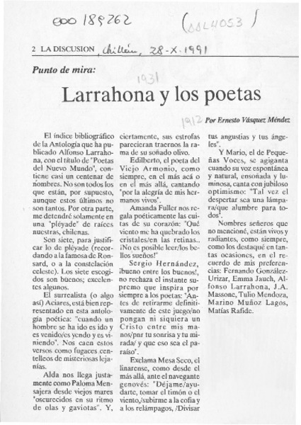 Larrahona y los poetas  [artículo] Ernesto Vásquez Méndez.