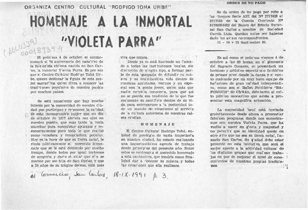 Homenaje a la inmortal "Violeta Parra"  [artículo].