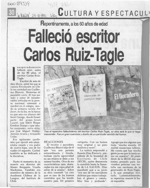 Falleció escritor Carlos Ruiz Tagle  [artículo].