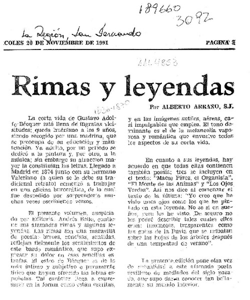 Rimas y leyendas  [artículo] Alberto Arraño.