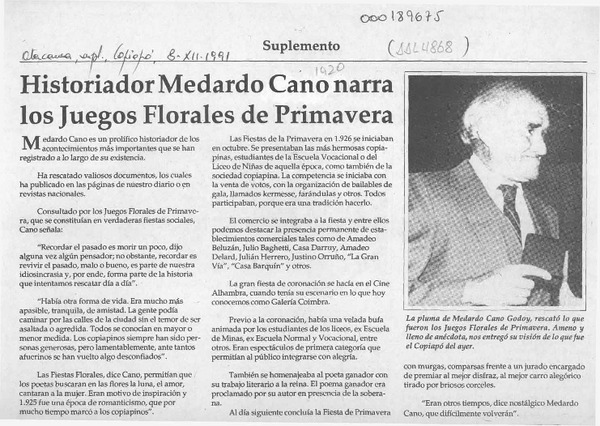 Historiador Medardo Cano narra los Juegos Florales de Primavera  [artículo].