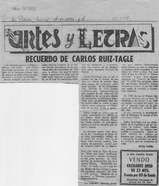 Recuerdo de Carlos Ruiz Tagle  [artículo] Matías Rafide.