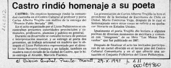 Castro rindió homenaje a su poeta  [artículo].