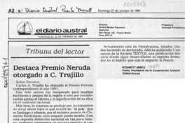 Destaca premio Neruda otorgado a C. Trujillo  [artículo] Rosabetty, Muñoz.