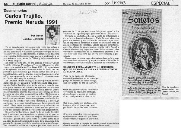 Carlos Trujillo, Premio Neruda 1991  [artículo] Oscar Gacitúa González.