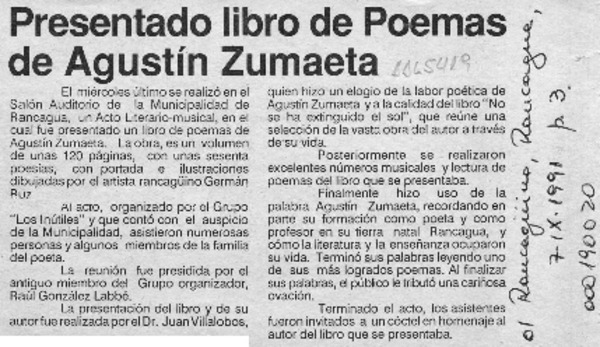 Presentado libro de poemas de Agustín Zumaeta  [artículo].