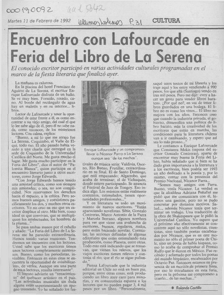 Encuentro con Lafourcade en Feria del Libro de La Serena  [artículo] Rolando Castillo.