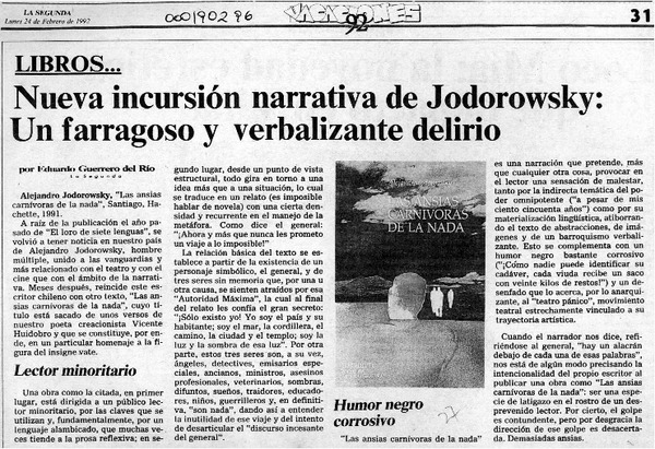Nueva incursión narrativa de Jodorowsky, un farragoso y verbalizante delirio  [artículo] Eduardo Guerrero del Río.