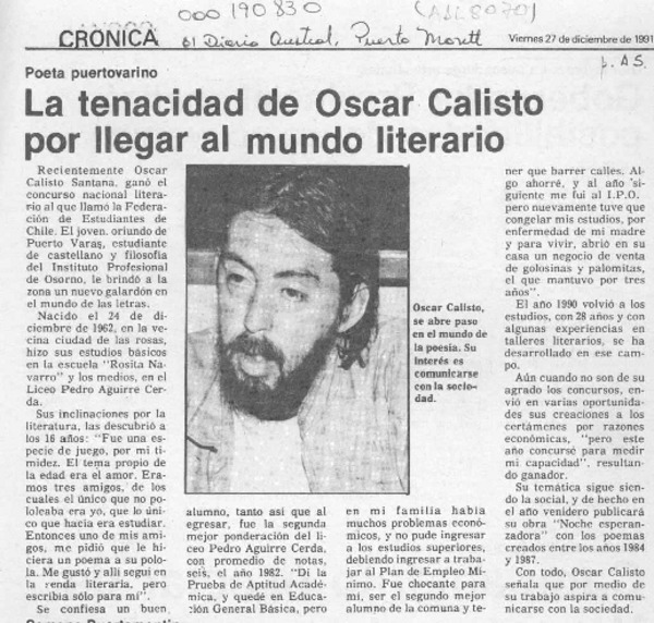 La Tenacidad de Oscar Calisto por llegar al mundo literario  [artículo].