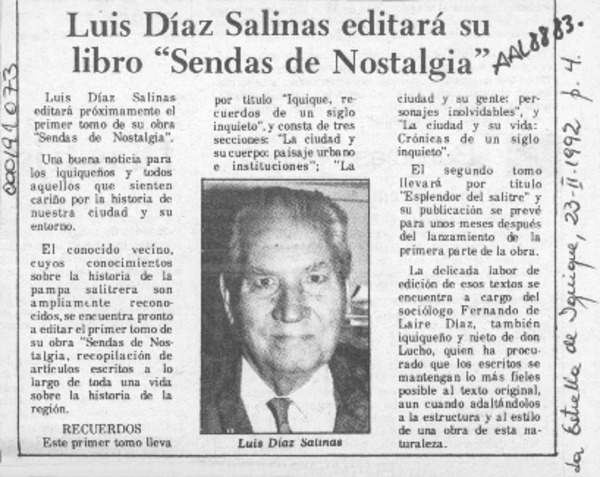 Luis Díaz Salinas editará su libro "Sendas de nostalgia"  [artículo]