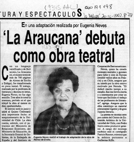 "La Araucana" debuta como obra teatral  [artículo].