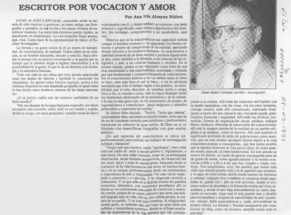 Escritor por vocación y amor  [artículo] Ana Iris Alvarez Núñez.