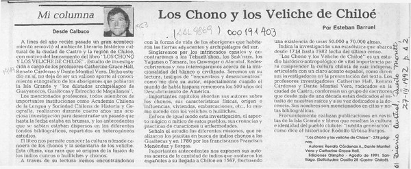 Los Chono y los Veliche de Chiloé  [artículo] Esteban Barruel.