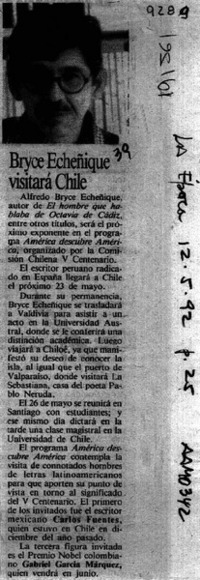 Bryce Echeñique visitará Chile  [artículo].