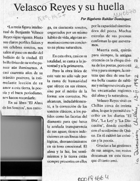 Velasco Reyes y su huella  [artículo] Rigoberto Rubilar Domínguez.