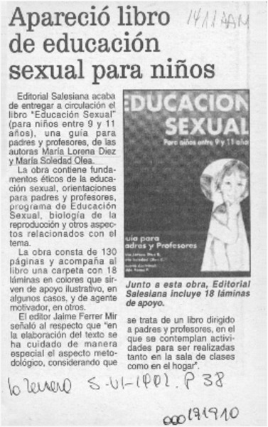 Apareció libro de educación sexual para niños  [artículo].