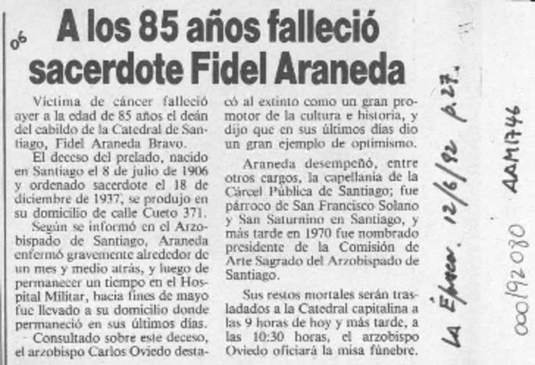 A los 85 años falleció sacerdote Fidel Araneda  [artículo].