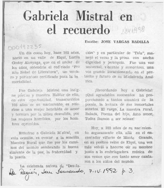 Gabriela Mistral en el recuerdo  [artículo] José Vargas Badilla.