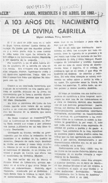 A 103 años del nacimiento de la divina Gabriela  [artículo] Miguel Artidoro Pérez Aravena.