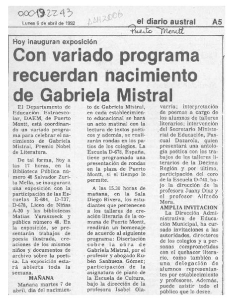 Con variado programa recuerdan nacimiento de Gabriela Mistral  [artículo].