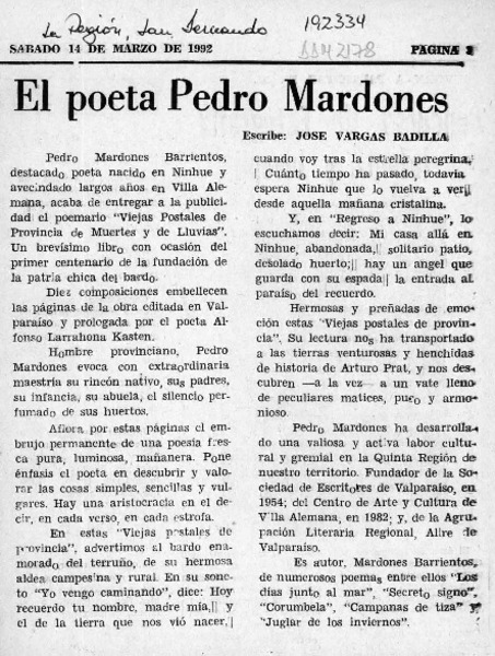 El poeta Pedro Mardones  [artículo] José Vargas Badilla.