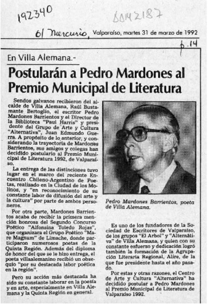 Postularán a Pedro Mardones al Premio Municipal de Literatura  [artículo].