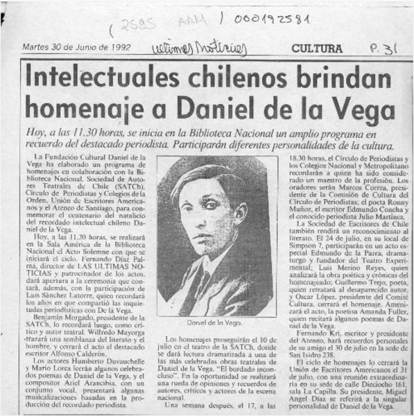 Intelectuales chilenos brindan homenaje a Daniel de la Vega  [artículo].
