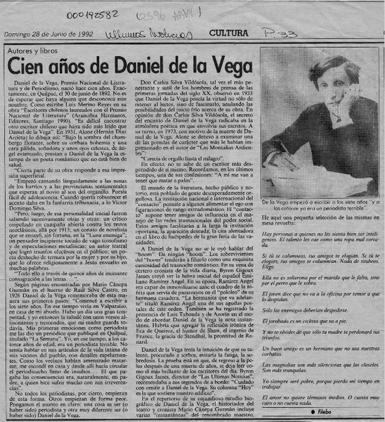 Cien años de Daniel de la Vega  [artículo] Filebo.