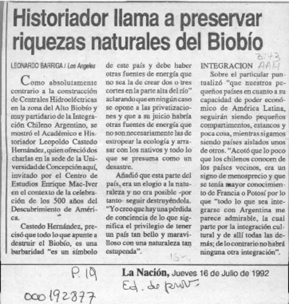 Historiador llama a preservar riquezas naturales del Biobío  [artículo] Leonardo Barriga.