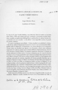 A sesenta años de la muerte de D. José Toribio Medina  [artículo] Sergio Martínez Baeza.