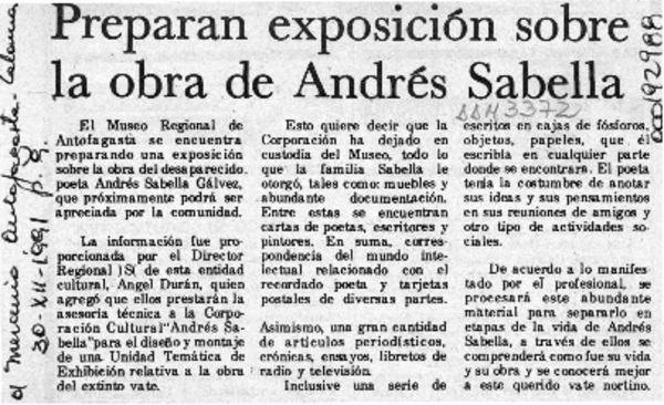 Preparan exposición sobre la obra de Andrés Sabella  [artículo].