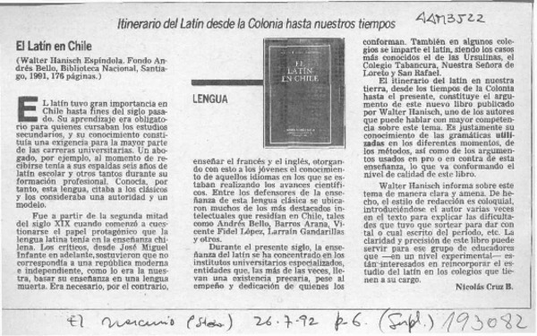 El latín en Chile  [artículo] Nicolás Cruz B.