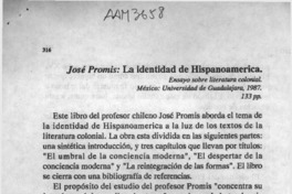 José Promis, "La identidad de hispanoamérica"  [artículo] Eddie Morales Piña.