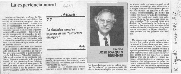 La experiencia moral  [artículo] José Joaquín Brunner.