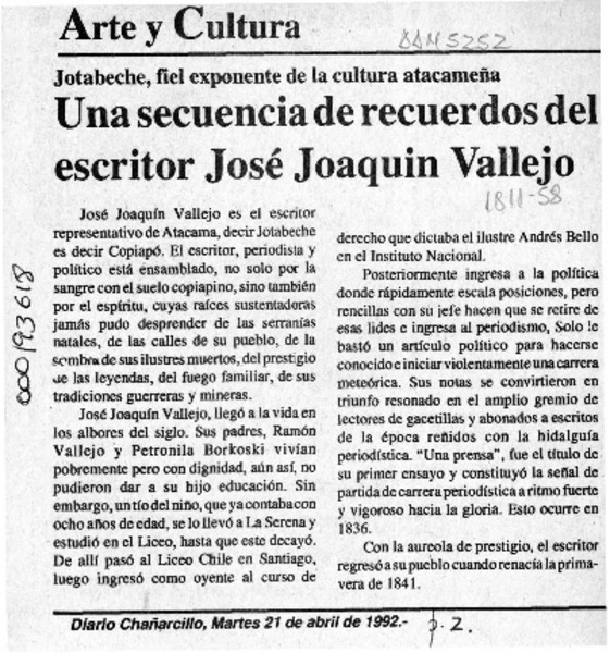 Una Secuencia de recuerdos del escritor José Joaquín Vallejo  [artículo].