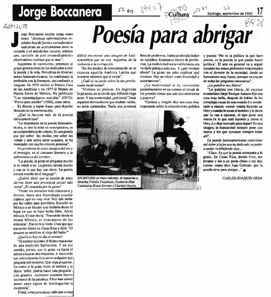 Poesía para abrigar  [artículo] Carlos Joaquín Ossa.