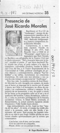 Presencia de José Ricardo Morales  [artículo] Hugo Montes Brunet.