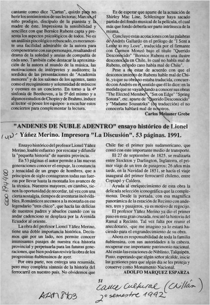 "Andenes de Ñuble adentro"  [artículo] Adolfo Márquez Esparza.